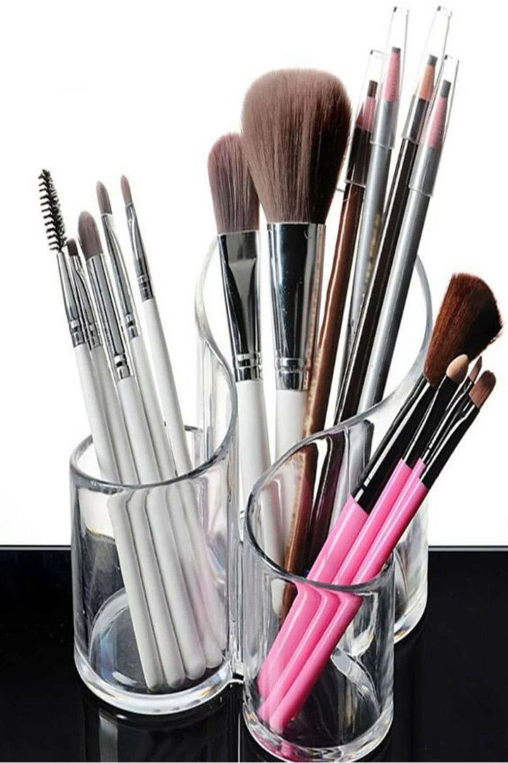 Transparent Acrylic Makeup Organizer – 3 Slot Lipstick &amp; Brush Holder Stand