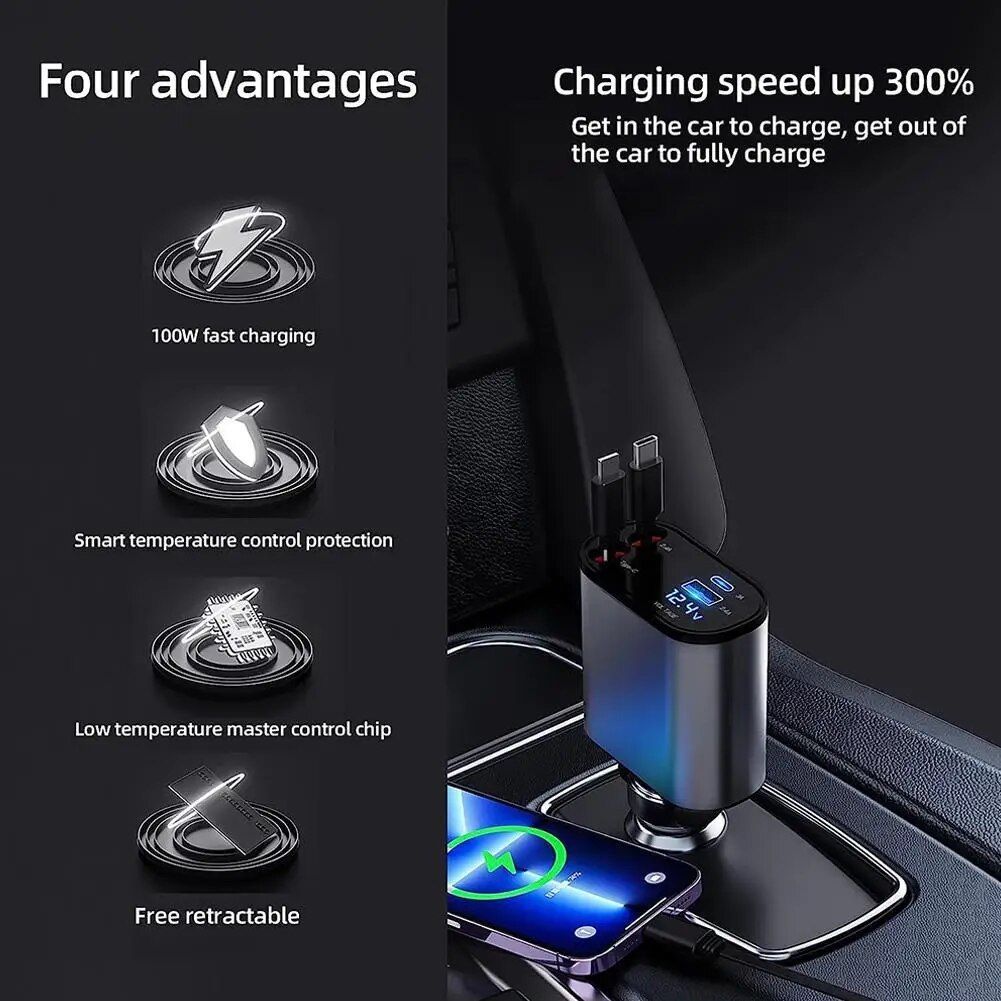 120W/66W 4-in-1 Retractable Car Charger – USB + PD Type-C Cable | Fast Charging Adapter for iPhone &amp; Android