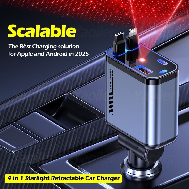 120W/66W 4-in-1 Retractable Car Charger – USB + PD Type-C Cable | Fast Charging Adapter for iPhone &amp; Android