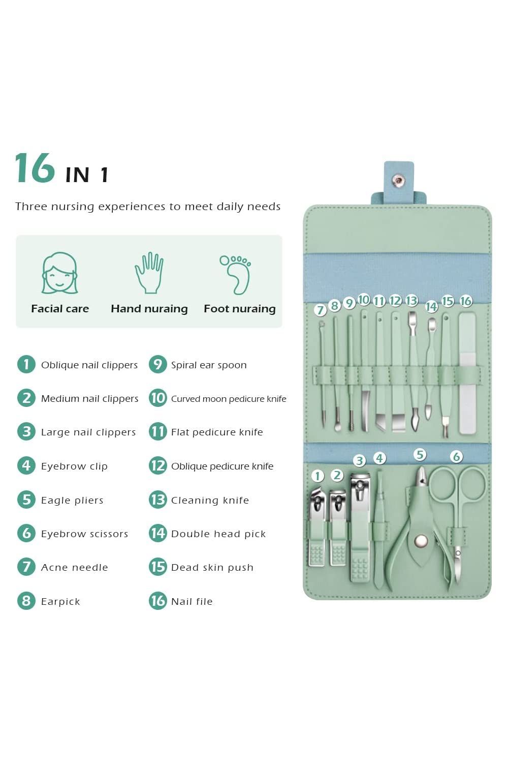 16pcs Professional Manicure &amp; Pedicure Kit – Nail Clippers, Cuticle Nippers &amp; Grooming Tools with Travel Case (Random Color)