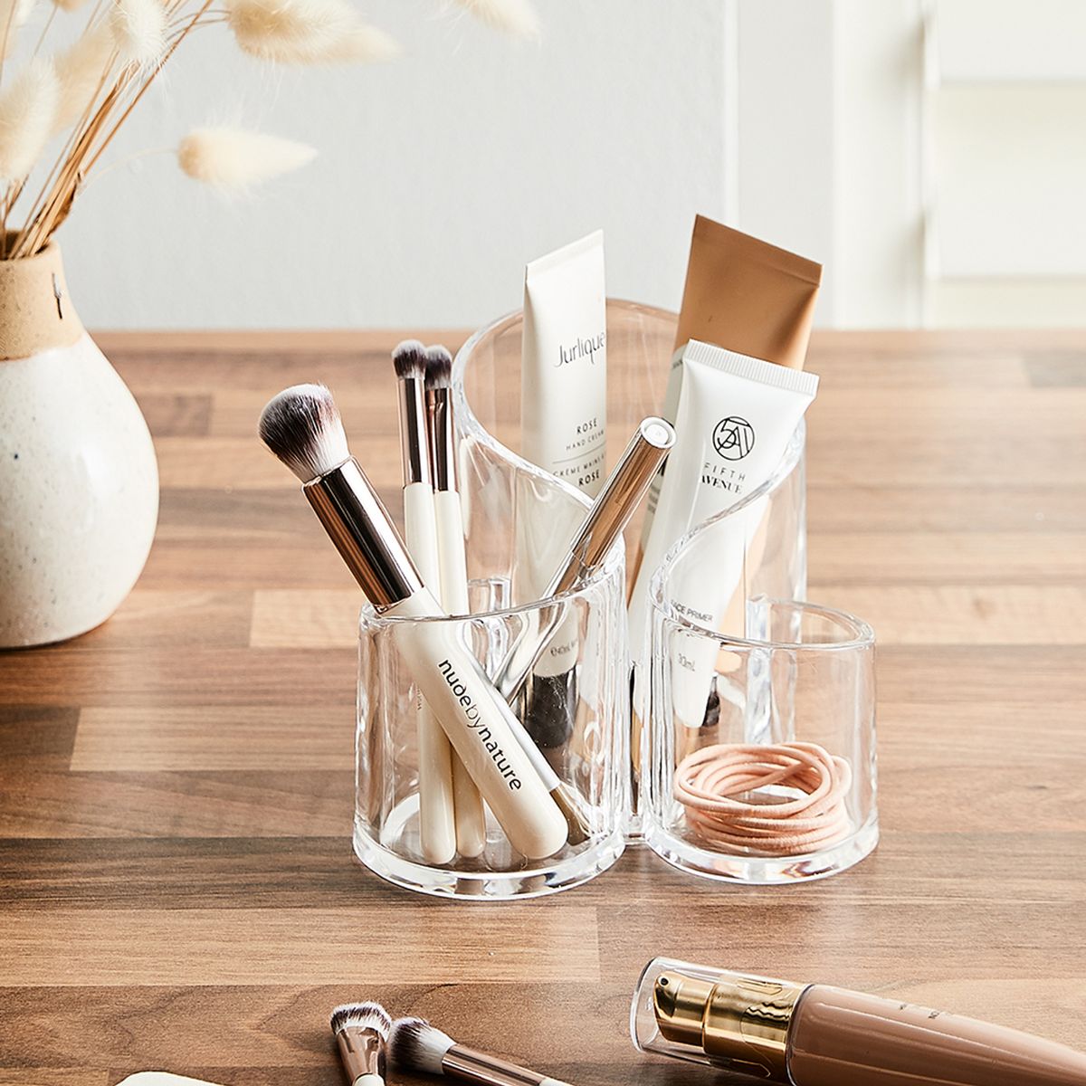 Transparent Acrylic Makeup Organizer – 3 Slot Lipstick &amp; Brush Holder Stand