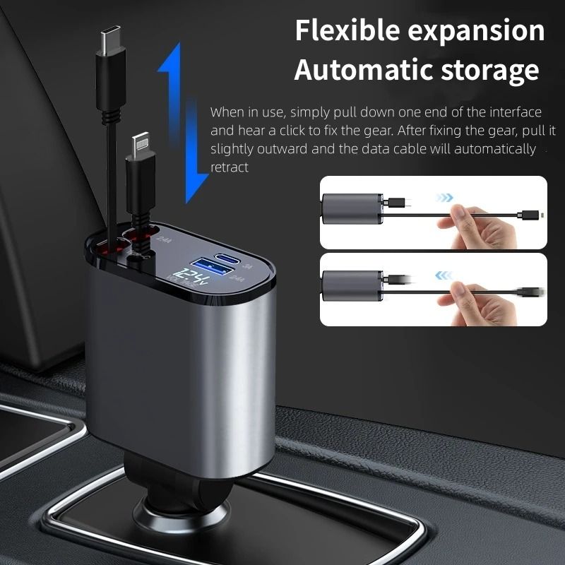 120W/66W 4-in-1 Retractable Car Charger – USB + PD Type-C Cable | Fast Charging Adapter for iPhone &amp; Android