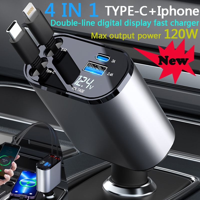 120W/66W 4-in-1 Retractable Car Charger – USB + PD Type-C Cable | Fast Charging Adapter for iPhone &amp; Android