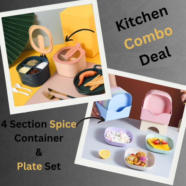 Combo Deal – 4 Section Spice Container &amp; 10-Piece Multi-Function Bone Spit Plate Set (Random Color)