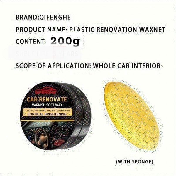 Qifenghe Car Plastic Restorer &amp; Wax Polish – 200gm + Sponge | Interior &amp; Exterior Renewal Coating