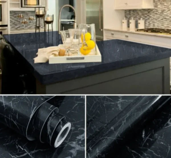 Self-Adhesive Black Marble Sheet – Waterproof Kitchen Counter &amp; Cabinet Sticker (60x200cm)