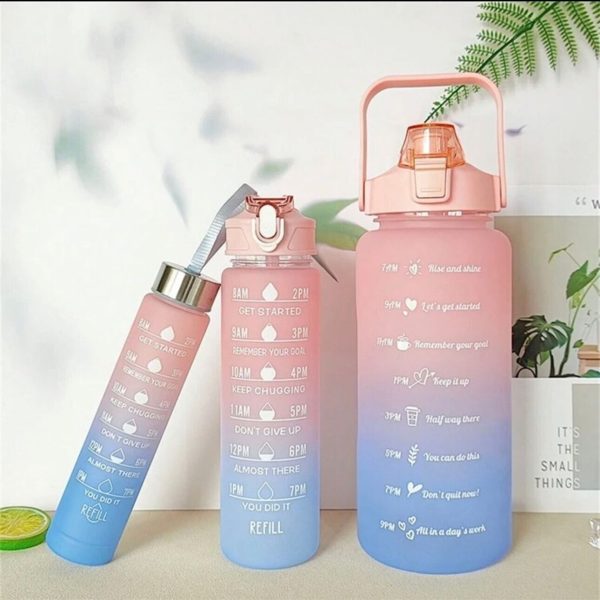 Sports Water Bottles 3 Pcs Set - With Motivational Time Marker &amp; Leak Proof Flip Top Lid  (Random Color)