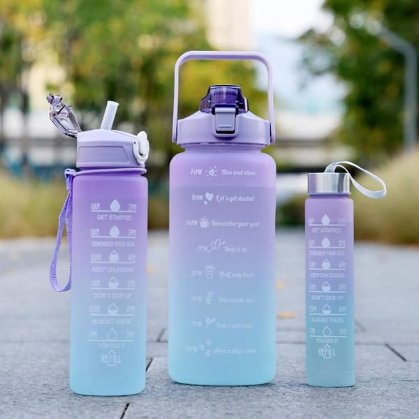 Sports Water Bottles 3 Pcs Set - With Motivational Time Marker &amp; Leak Proof Flip Top Lid  (Random Color)