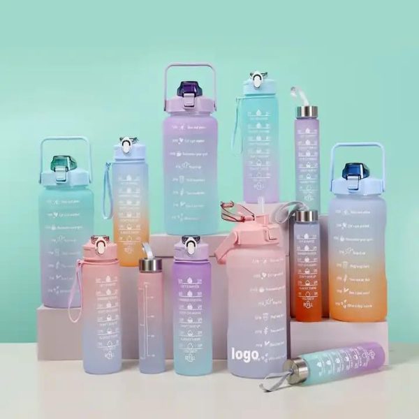 Sports Water Bottles 3 Pcs Set - With Motivational Time Marker &amp; Leak Proof Flip Top Lid  (Random Color)