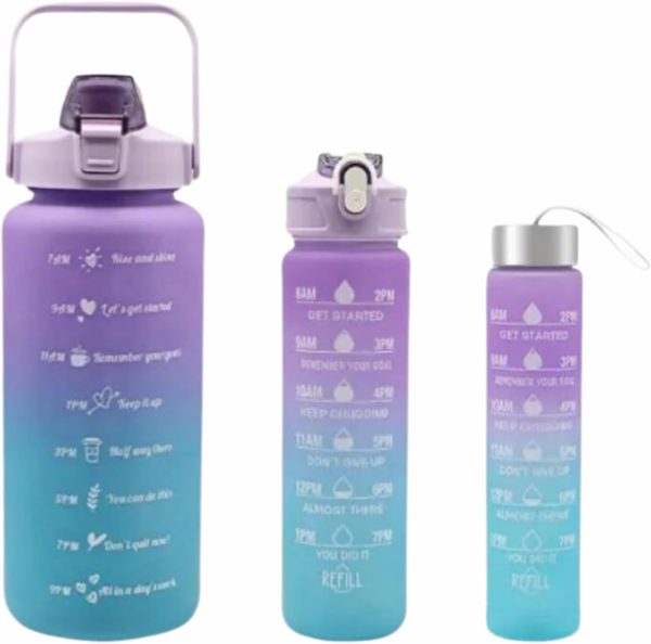 Sports Water Bottles 3 Pcs Set - With Motivational Time Marker &amp; Leak Proof Flip Top Lid  (Random Color)